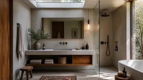 Meja wastafel dengan rak terbuka di kamar mandi berjendela atap