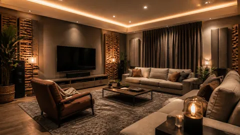 Ruang tamu dengan panel dinding, tirai tebal, karpet, dan sofa berlapis kain