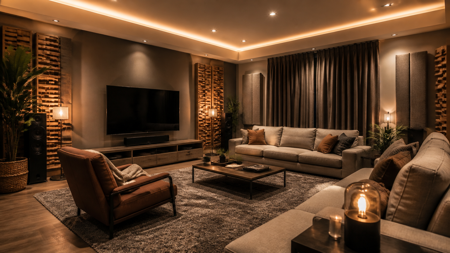 Ruang tamu dengan panel dinding, tirai tebal, karpet, dan sofa berlapis kain