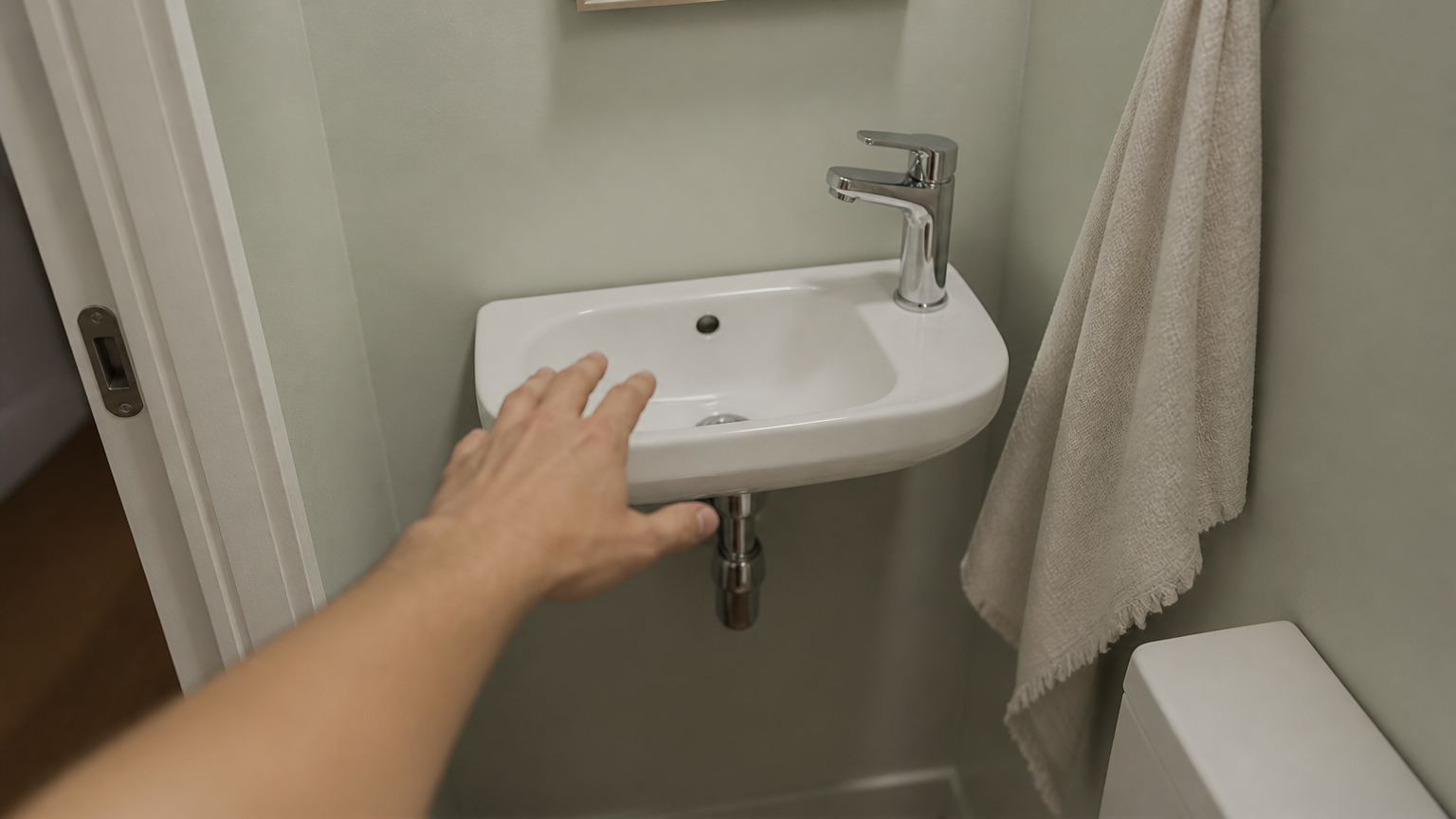 Tangan menjangkau wastafel kecil pada ruang sempit di samping pintu