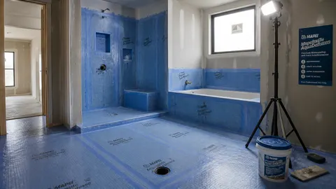 Lapisan pelindung biru menutupi lantai serta sebagian dinding kamar mandi yang belum selesai