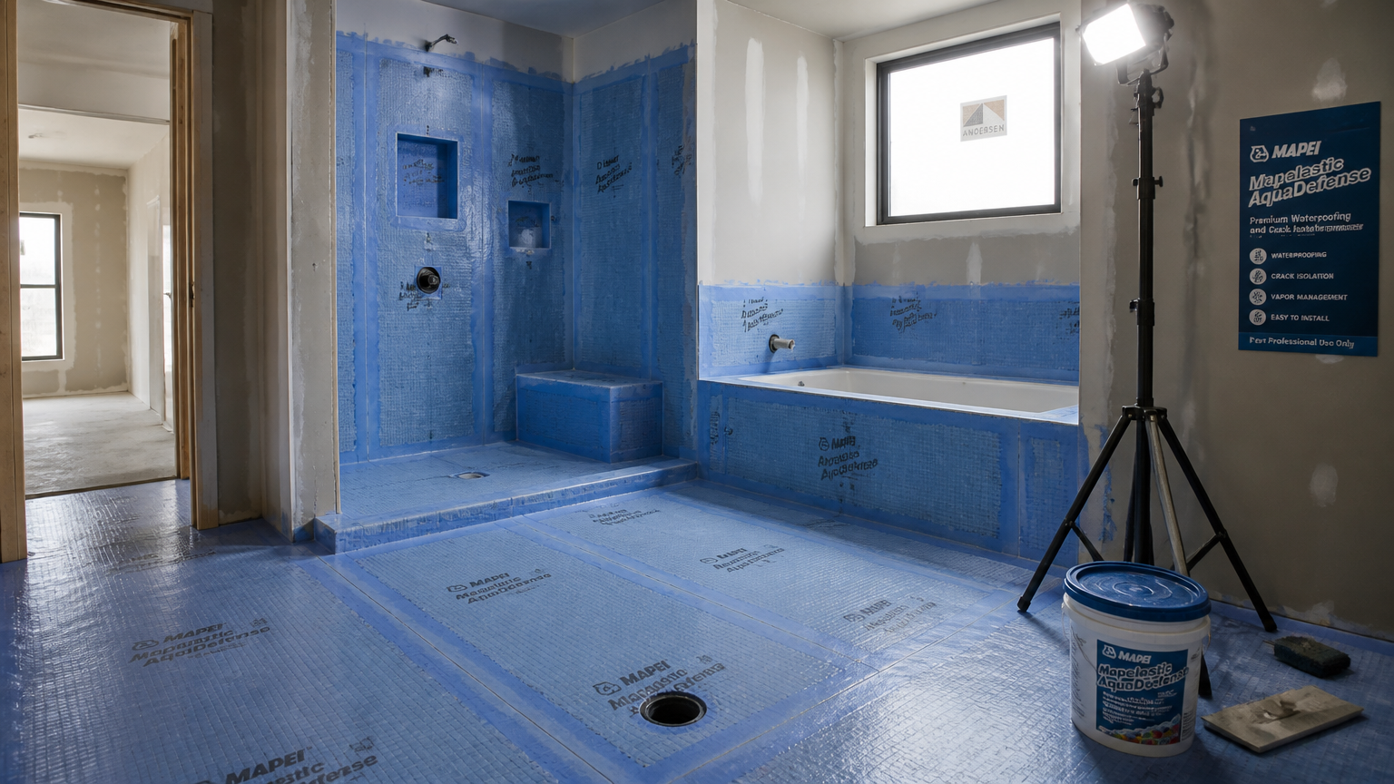 Lapisan pelindung biru menutupi lantai serta sebagian dinding kamar mandi yang belum selesai