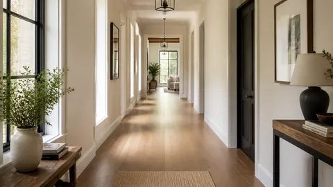 Lorong berlantai kayu dengan cahaya jendela dan ruang jalan terbuka