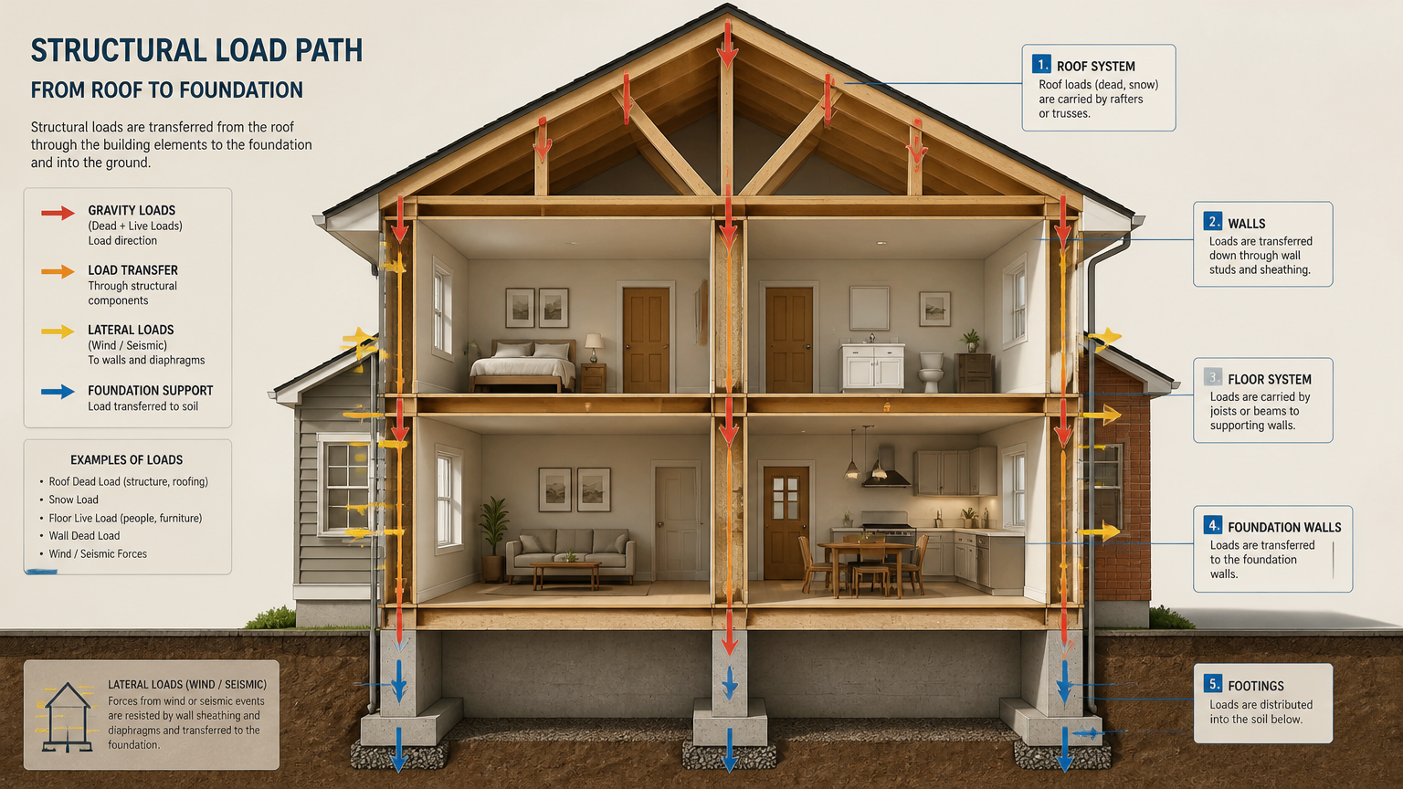 Diagram jalur beban rumah Diagram potongan rumah dua lantai menunjukkan panah penyaluran beban dari atap menuju fondasi