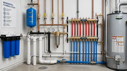 Pipa merah dan biru tersambung ke manifold di samping tangki dan filter air