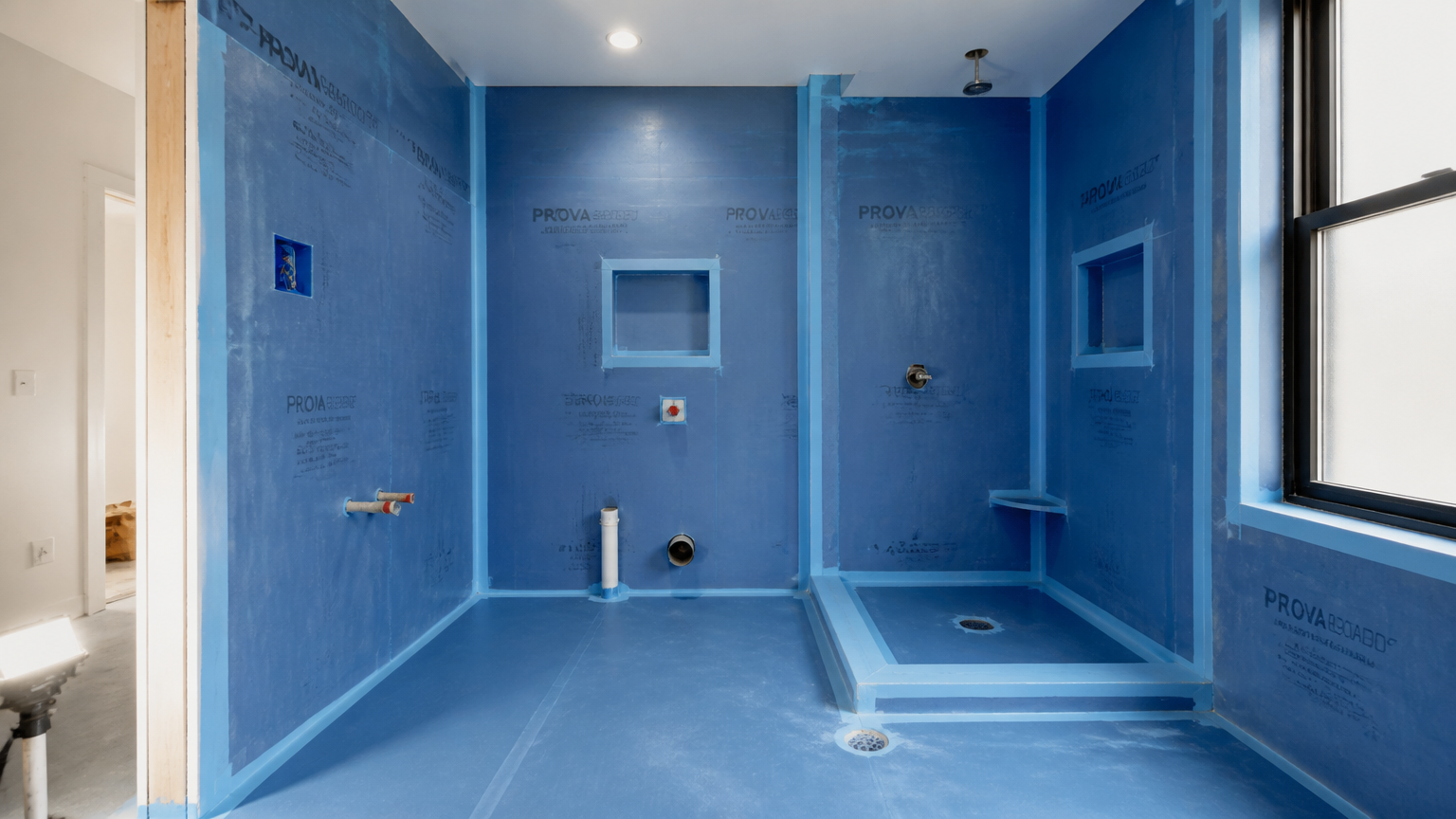 Lapisan biru menutupi dinding dan lantai kamar mandi sebelum pemasangan pelapis akhir Lapisan biru menutupi dinding dan lantai kamar mandi sebelum pemasangan pelapis akhir