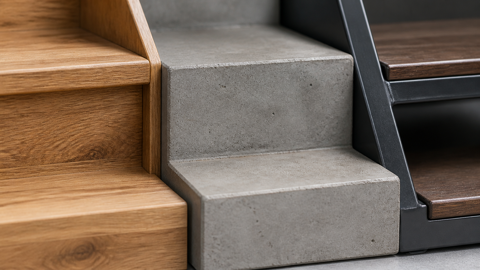Perbandingan detail anak tangga kayu, beton, dan kombinasi logam dengan kayu Perbandingan detail anak tangga kayu, beton, dan kombinasi logam dengan kayu