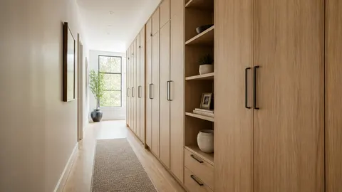 Lemari kayu memenuhi satu sisi lorong dengan beberapa rak terbuka
