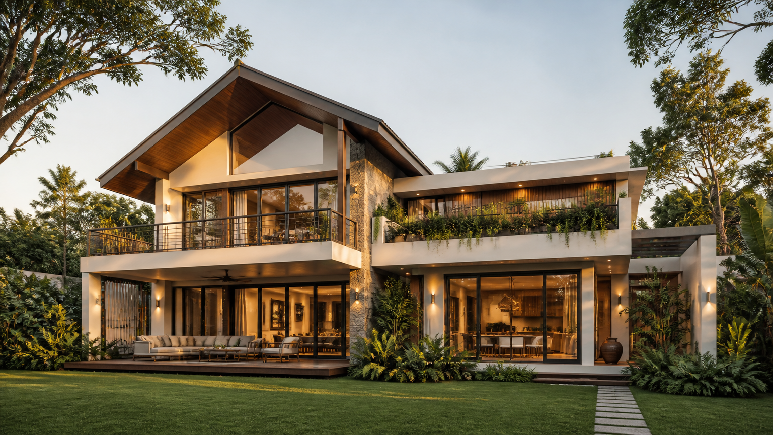 Rumah dua lantai dengan atap pelana dan teras menghadap taman Rumah dua lantai dengan atap pelana dan teras menghadap taman