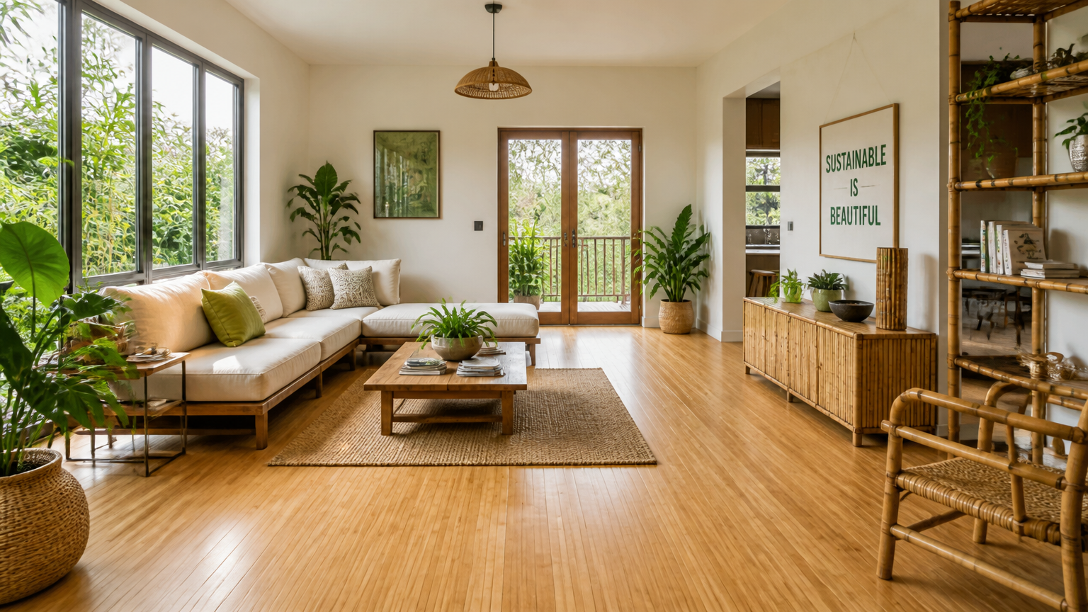 Lantai kayu terang pada ruang duduk Ruang duduk dengan lantai kayu berwarna terang, tanaman, dan furnitur anyaman