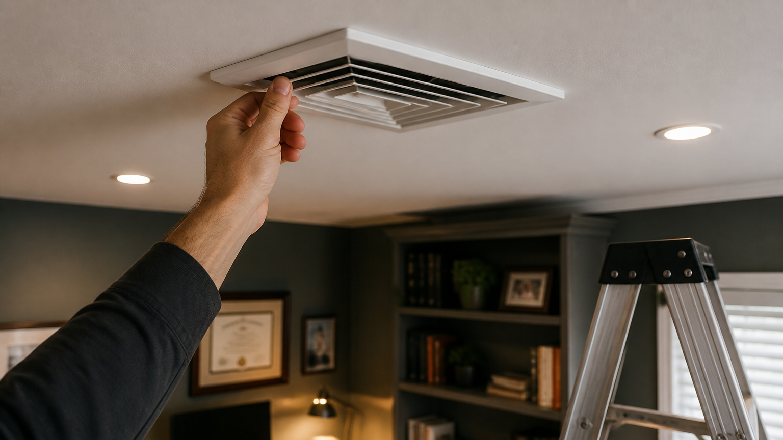 Tangan memeriksa kisi ventilasi pada plafon ruang kerja Tangan memeriksa kisi ventilasi pada plafon ruang kerja