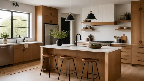 Dapur dengan kabinet kayu, meja pulau, dan area bak cuci di bawah jendela
