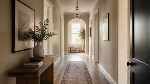 Lorong berdinding krem dengan pintu gelap, karpet memanjang, dan meja konsol kayu