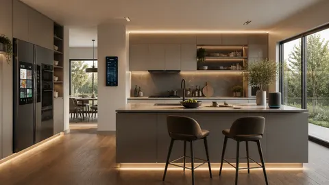 Dapur dengan layar kendali di dinding, perangkat berlayar, dan pencahayaan tersembunyi