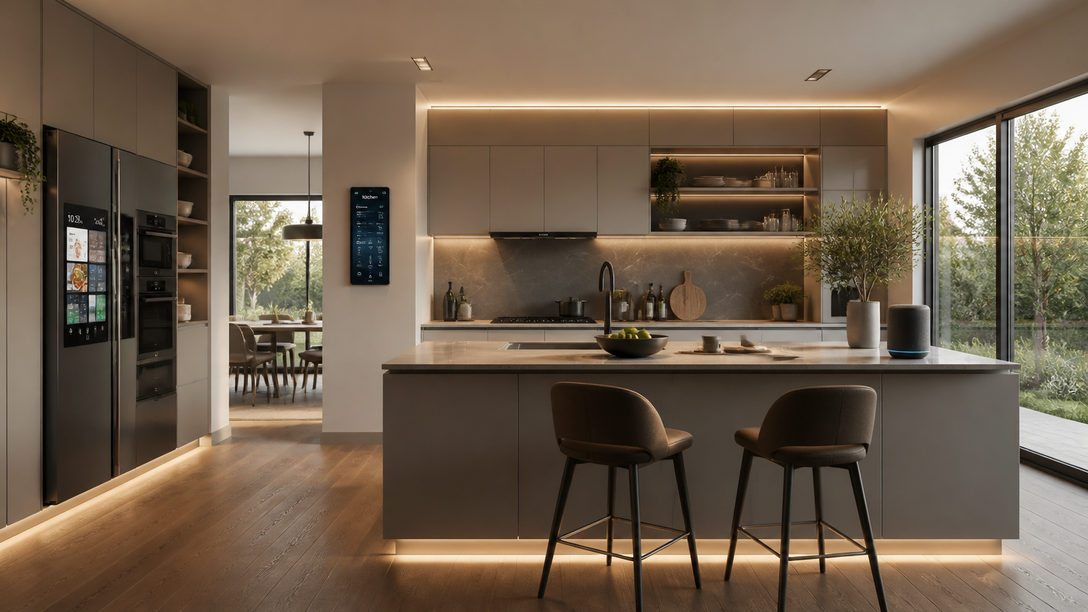 Dapur dengan layar kendali di dinding, perangkat berlayar, dan pencahayaan tersembunyi Dapur dengan layar kendali di dinding, perangkat berlayar, dan pencahayaan tersembunyi