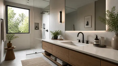 Wastafel memanjang dengan keran gelap dan kabinet kayu di kamar mandi