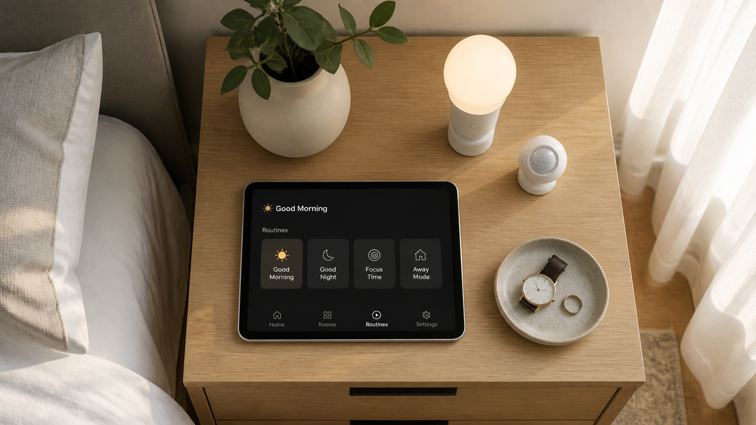 Tablet pengatur kamar, lampu, dan sensor di atas nakas
