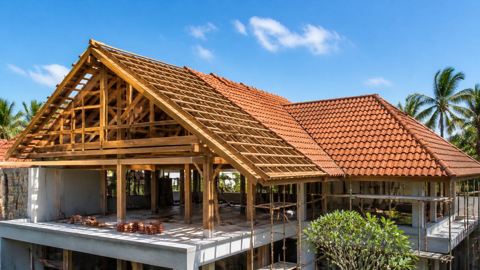 Rumah dalam pembangunan dengan rangka kayu dan sebagian atap genteng terpasang