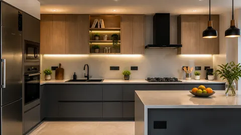 Dapur dengan beberapa stopkontak pada dinding meja kerja dan sisi meja pulau