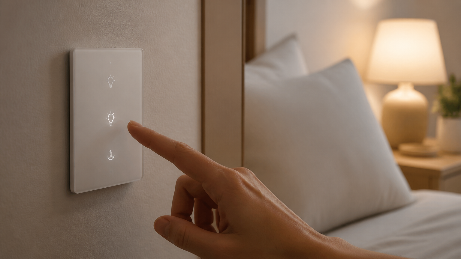 Tangan menyentuh panel sakelar lampu di samping tempat tidur