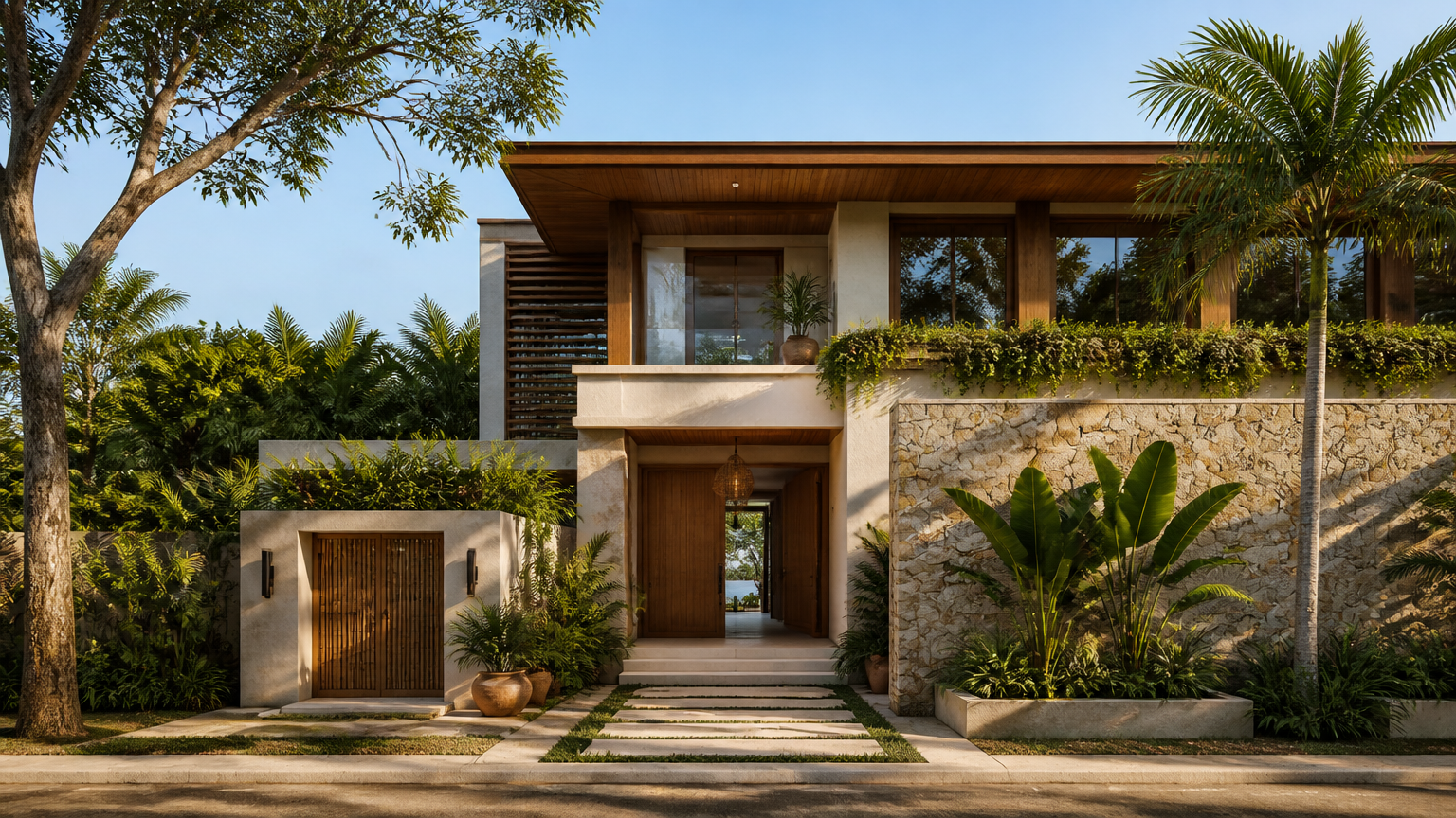 Fasad rumah memadukan warna krem, batu abu-abu, dan bidang kayu cokelat