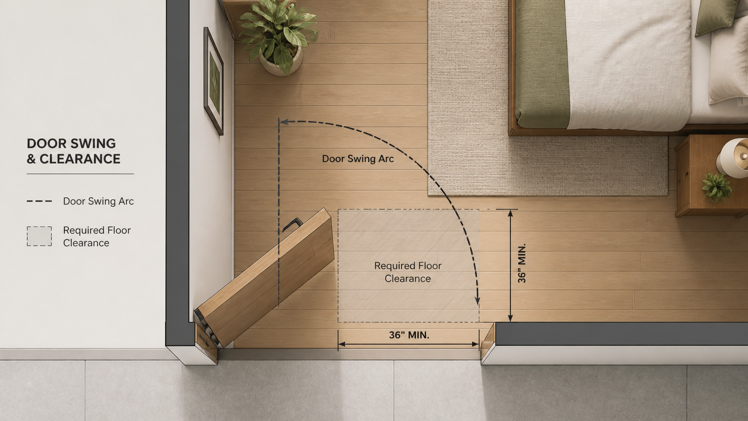 Diagram ruang ayun pintu kamar Denah kamar menunjukkan busur ayunan pintu dan bidang lantai yang harus dikosongkan