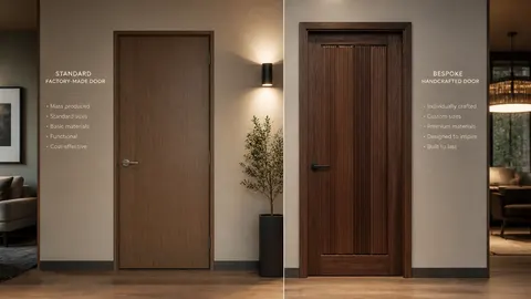 Dua pintu berdampingan membandingkan model datar dengan model kayu berpanel