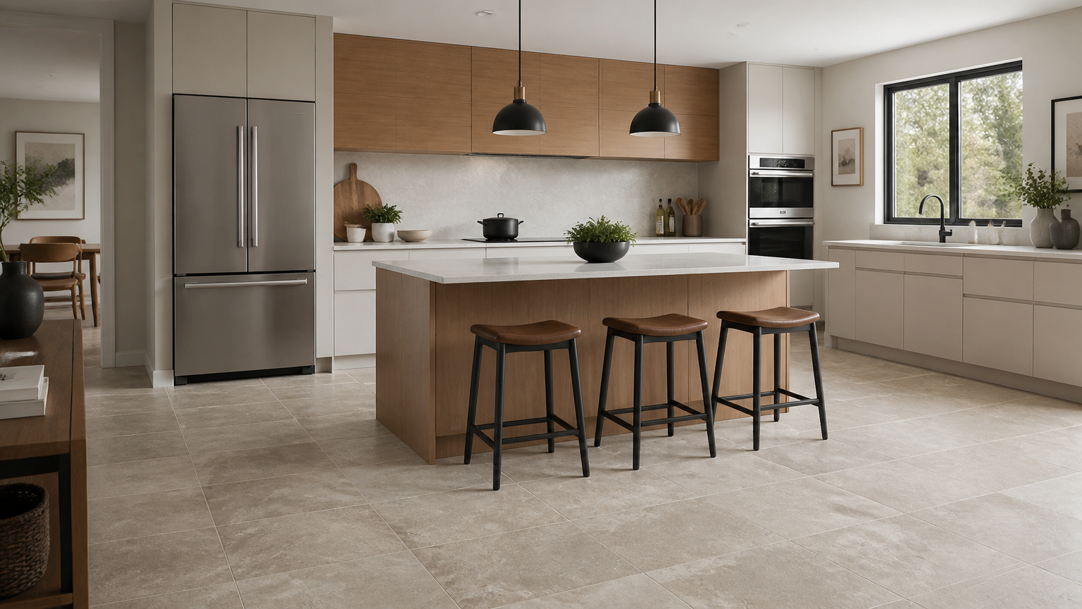 Dapur dengan lantai ubin besar berwarna krem di sekeliling meja pulau Dapur dengan lantai ubin besar berwarna krem di sekeliling meja pulau