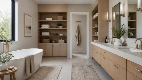 Kamar mandi dengan kabinet wastafel panjang dan rak penyimpanan handuk