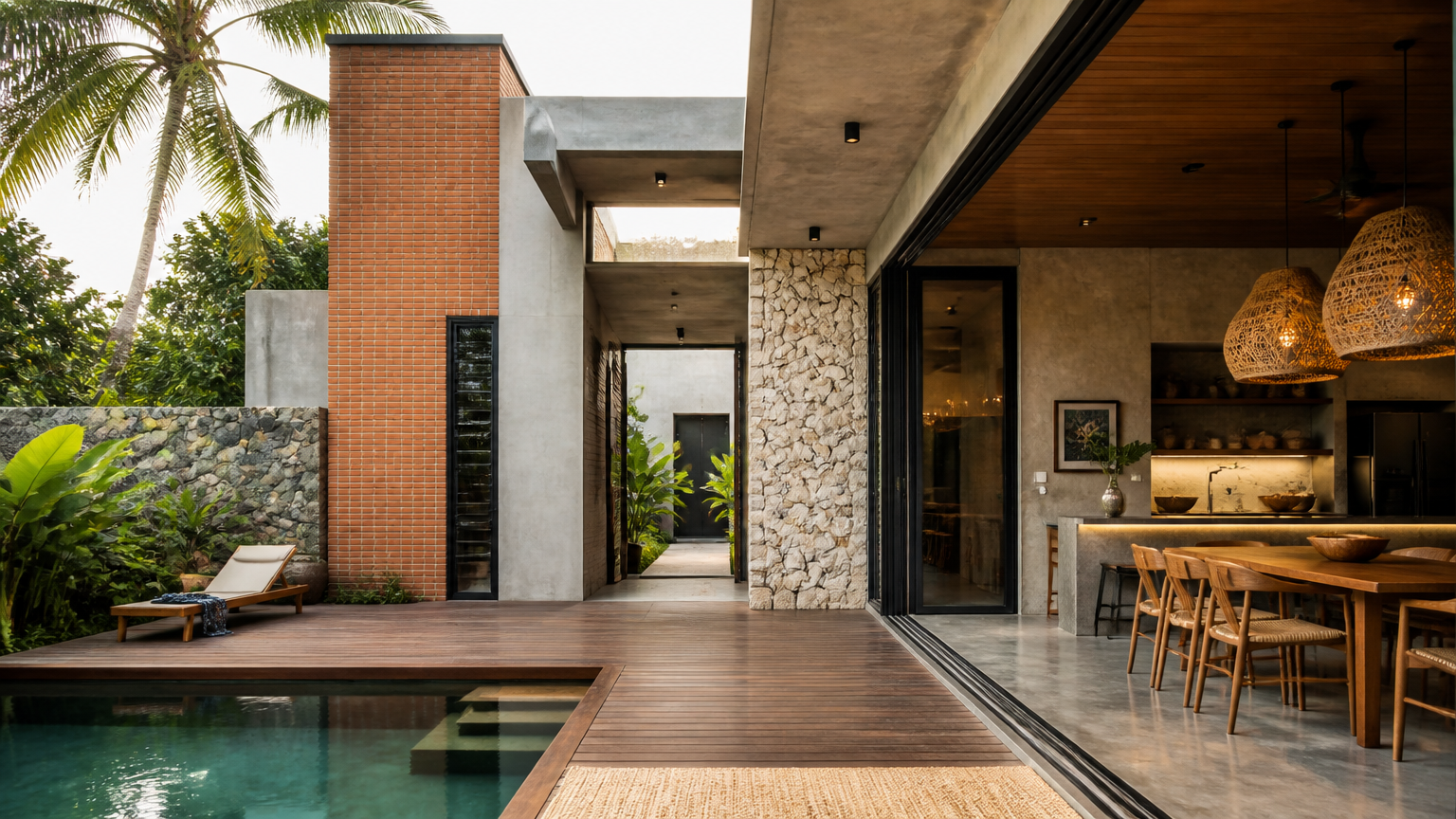 Rumah tropis memadukan dinding bata, batu, dan beton di samping kolam serta teras kayu
