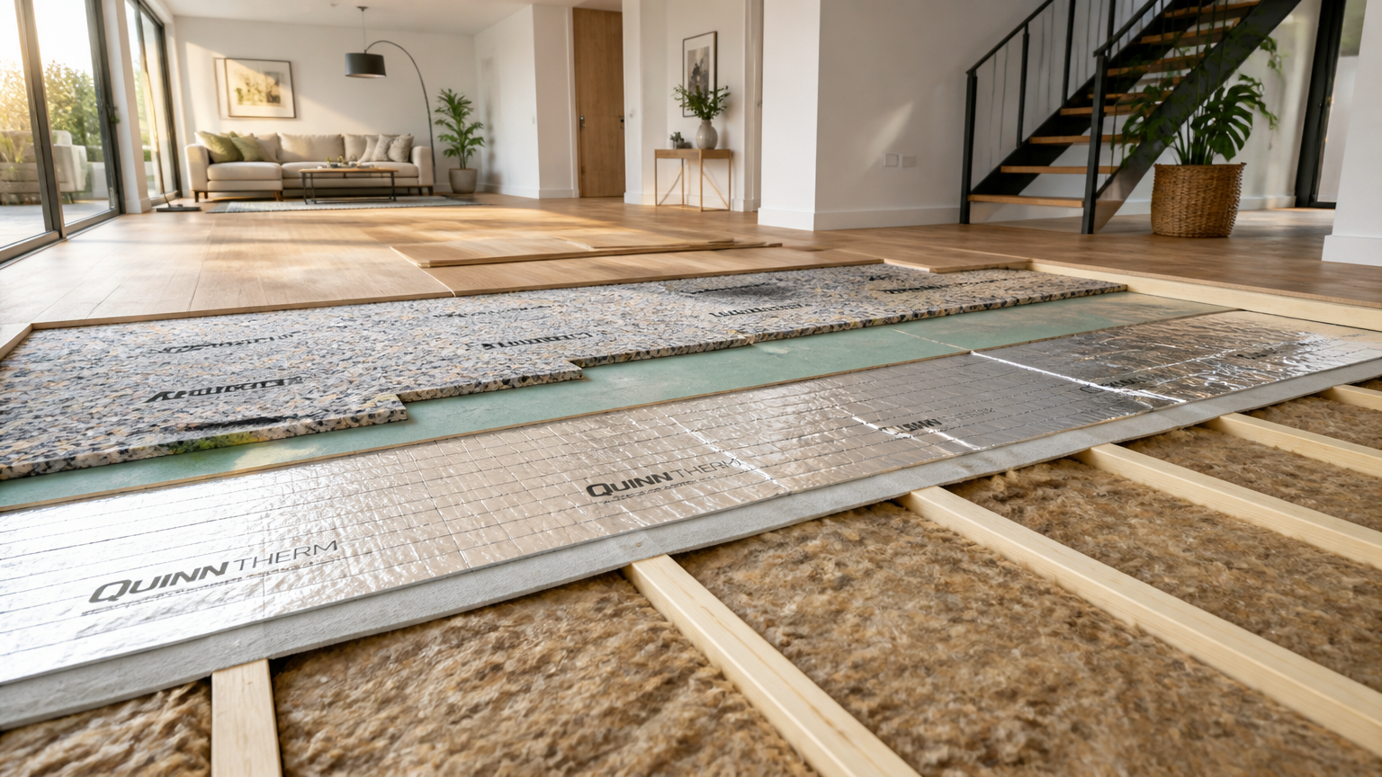 Potongan lantai ruang keluarga memperlihatkan balok kayu, bahan pengisi, dan lapisan alas