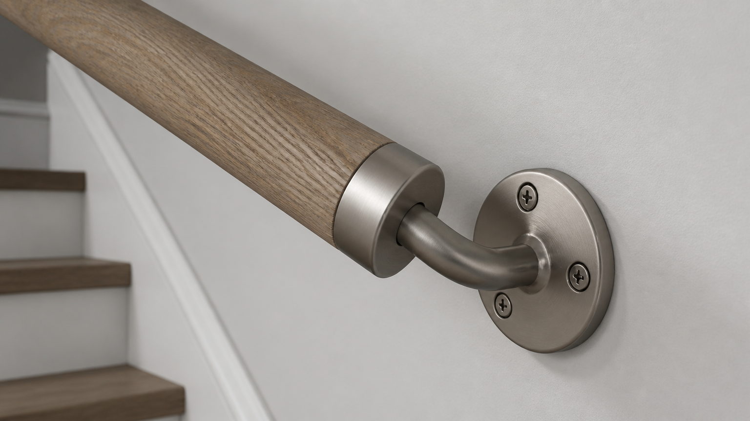 Detail sambungan pegangan kayu dan braket logam pada dinding Detail sambungan pegangan kayu dan braket logam pada dinding