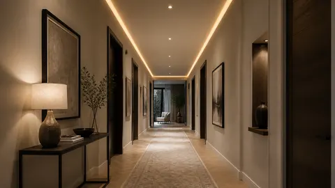 Lorong dengan lampu plafon tersembunyi, lampu sorot kecil, dan lampu meja