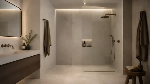 Kamar mandi dengan area pancuran dibatasi dinding dan kaca