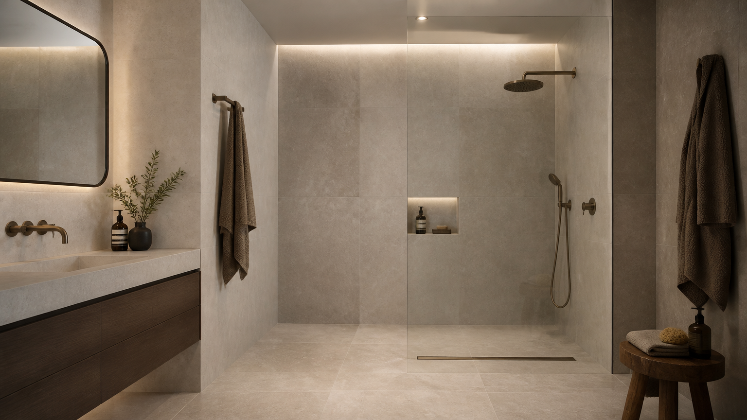 Kamar mandi dengan area pancuran dibatasi dinding dan kaca Kamar mandi dengan area pancuran dibatasi dinding dan kaca