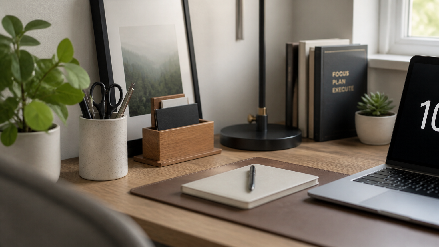 Alat tulis, buku catatan, dan laptop disusun pada meja kerja Alat tulis, buku catatan, dan laptop disusun pada meja kerja
