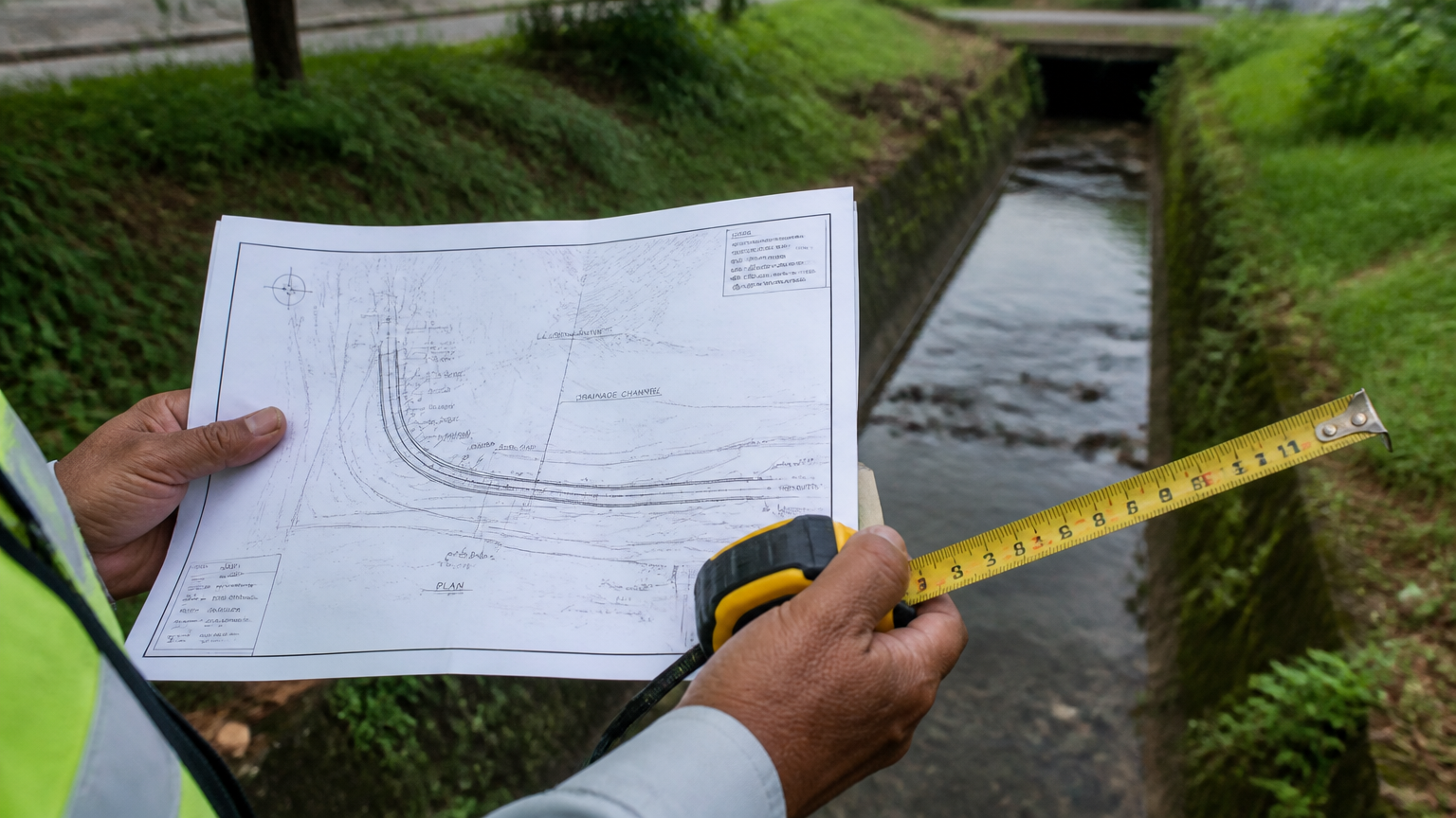 Denah dan meteran digunakan untuk memeriksa saluran terbuka di tepi taman