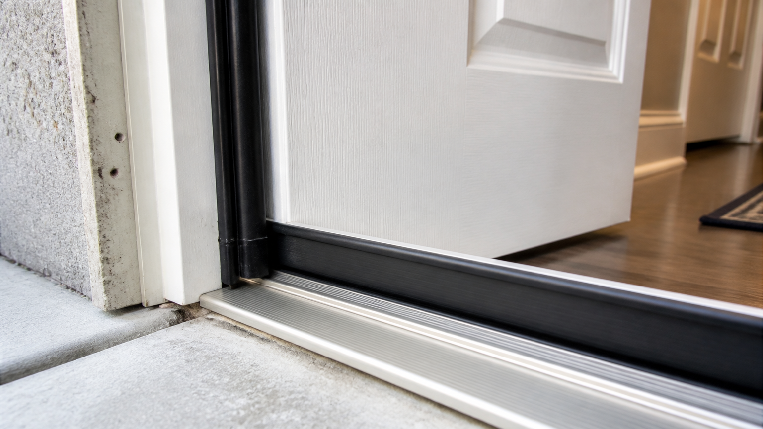 Detail penutup celah pintu penghubung Detail ambang pintu penghubung memperlihatkan lapisan penutup hitam pada bagian bawah daun pintu