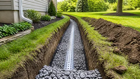 Galian drainase berisi kerikil dan saluran panjang di halaman rumah
