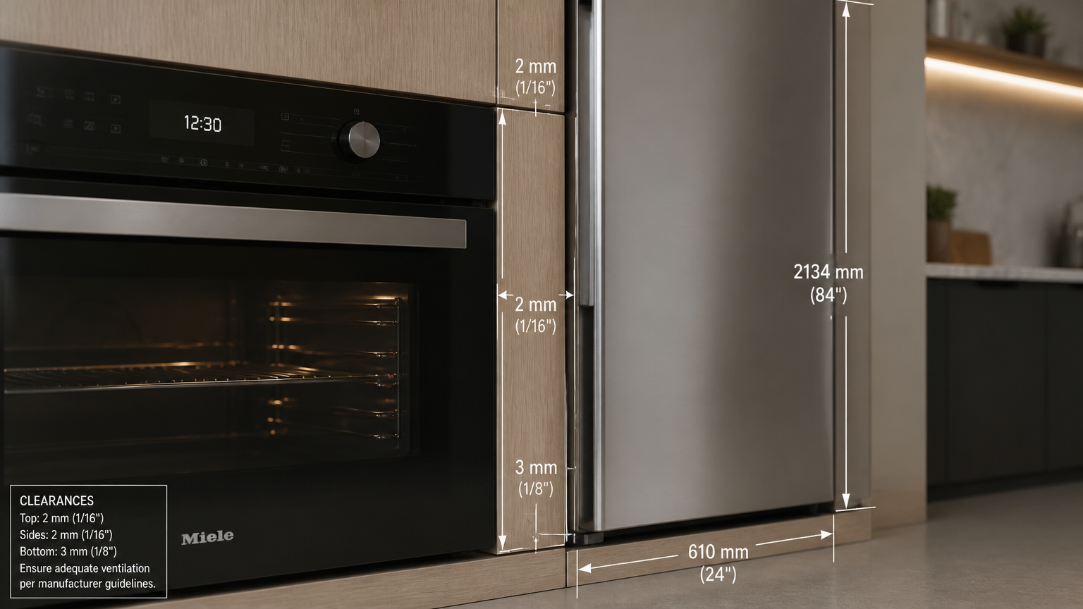 Diagram ukuran dan celah pemasangan oven serta kulkas di antara kabinet