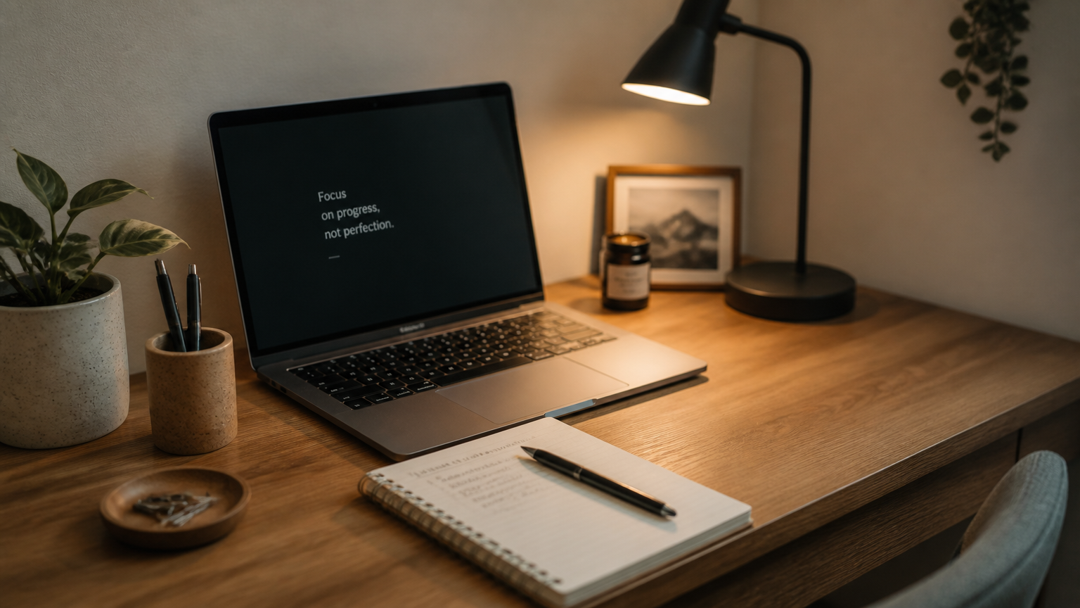 Laptop, buku catatan, dan lampu meja dalam area kerja