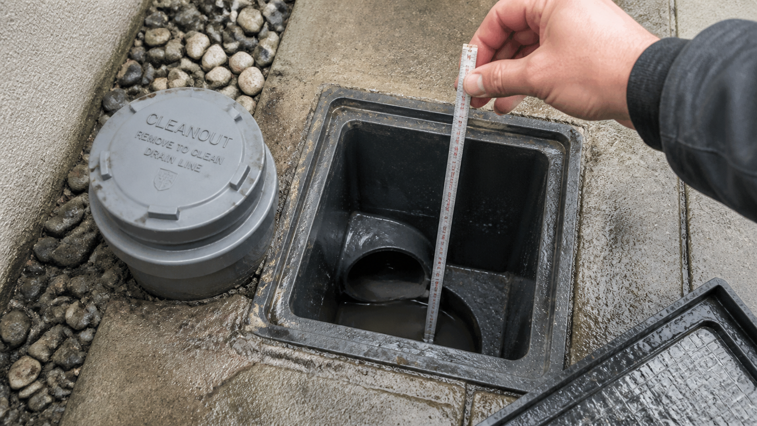 Tangan mengukur bak drainase terbuka di samping penutup akses pipa Tangan mengukur bak drainase terbuka di samping penutup akses pipa