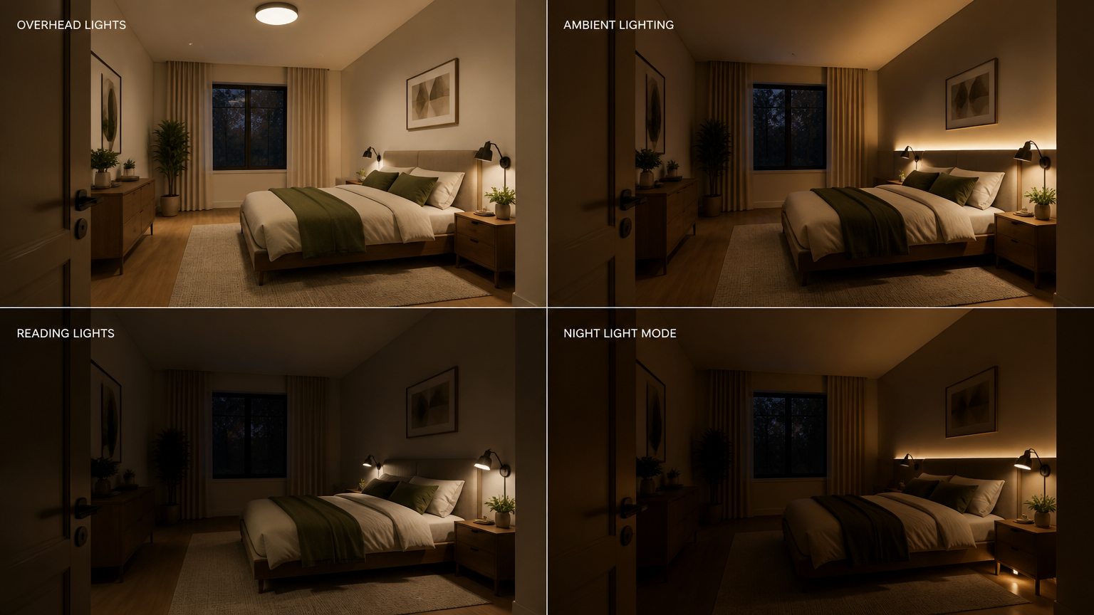 Perbandingan empat suasana pencahayaan kamar tidur untuk aktivitas dan waktu malam Perbandingan empat suasana pencahayaan kamar tidur untuk aktivitas dan waktu malam