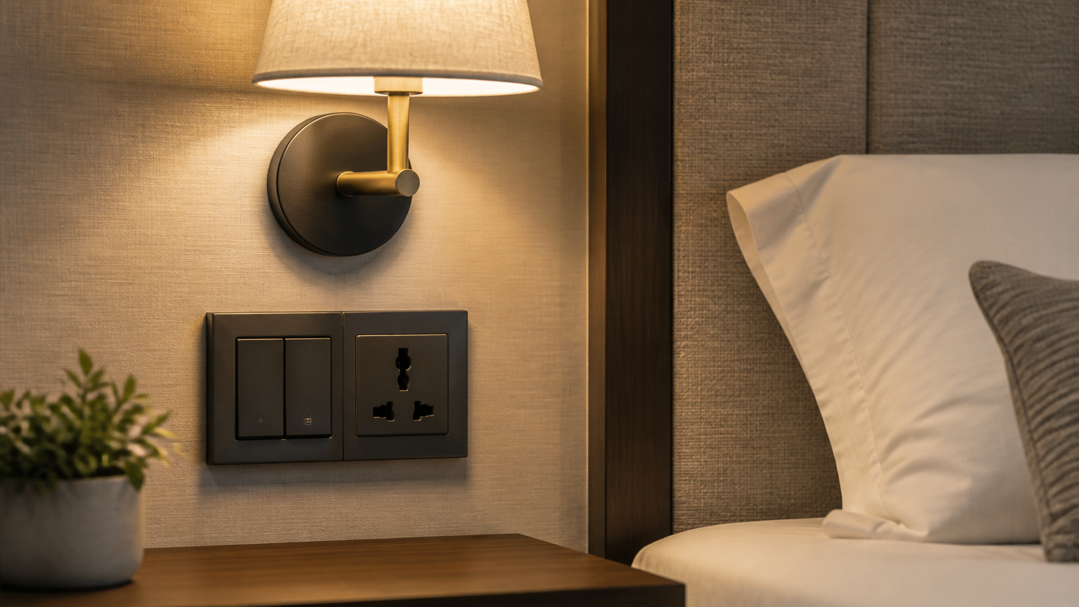 Lampu dinding dan sakelar di dekat bantal serta sisi tempat tidur Lampu dinding dan sakelar di dekat bantal serta sisi tempat tidur