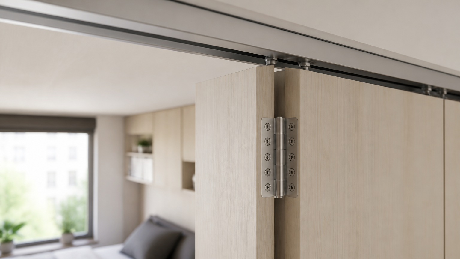 Detail engsel panel kayu lipat yang terhubung dengan rel atas