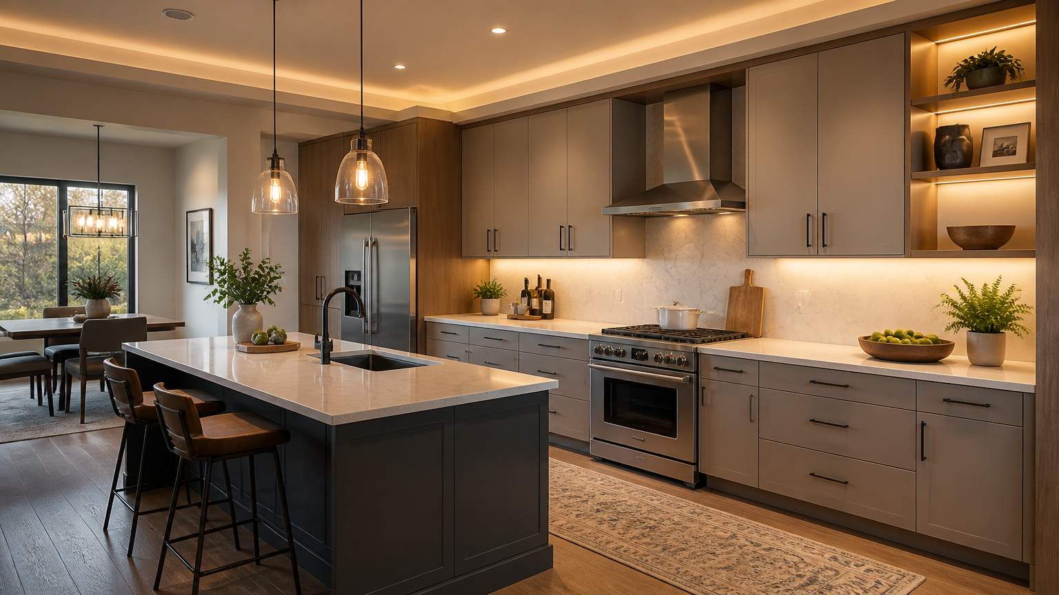 Dapur dengan lampu gantung, lampu plafon, dan penerangan bawah kabinet