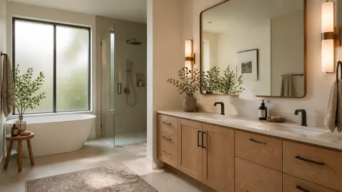 Kabinet wastafel ganda bernuansa kayu di dekat bak mandi dan pancuran