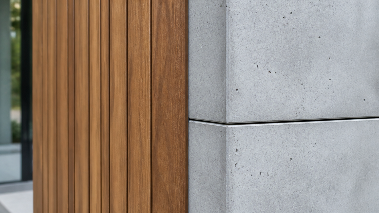 Pertemuan panel kayu vertikal dan bidang dinding abu-abu dengan sambungan horizontal