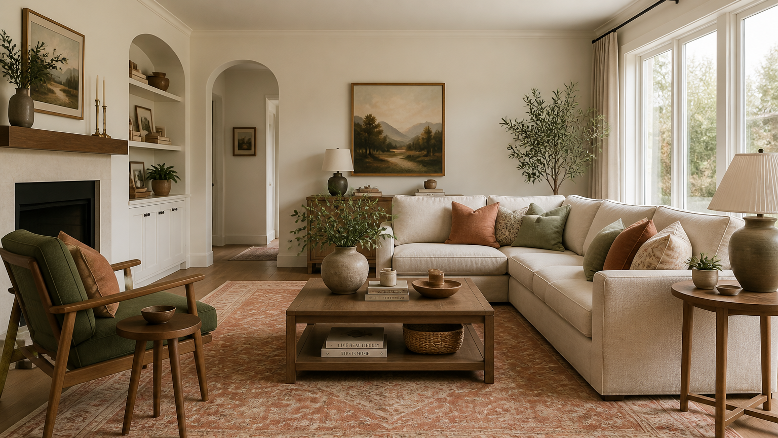 Ruang tamu krem dengan bantal hijau, aksen merah muda, dan furnitur kayu Ruang tamu krem dengan bantal hijau, aksen merah muda, dan furnitur kayu