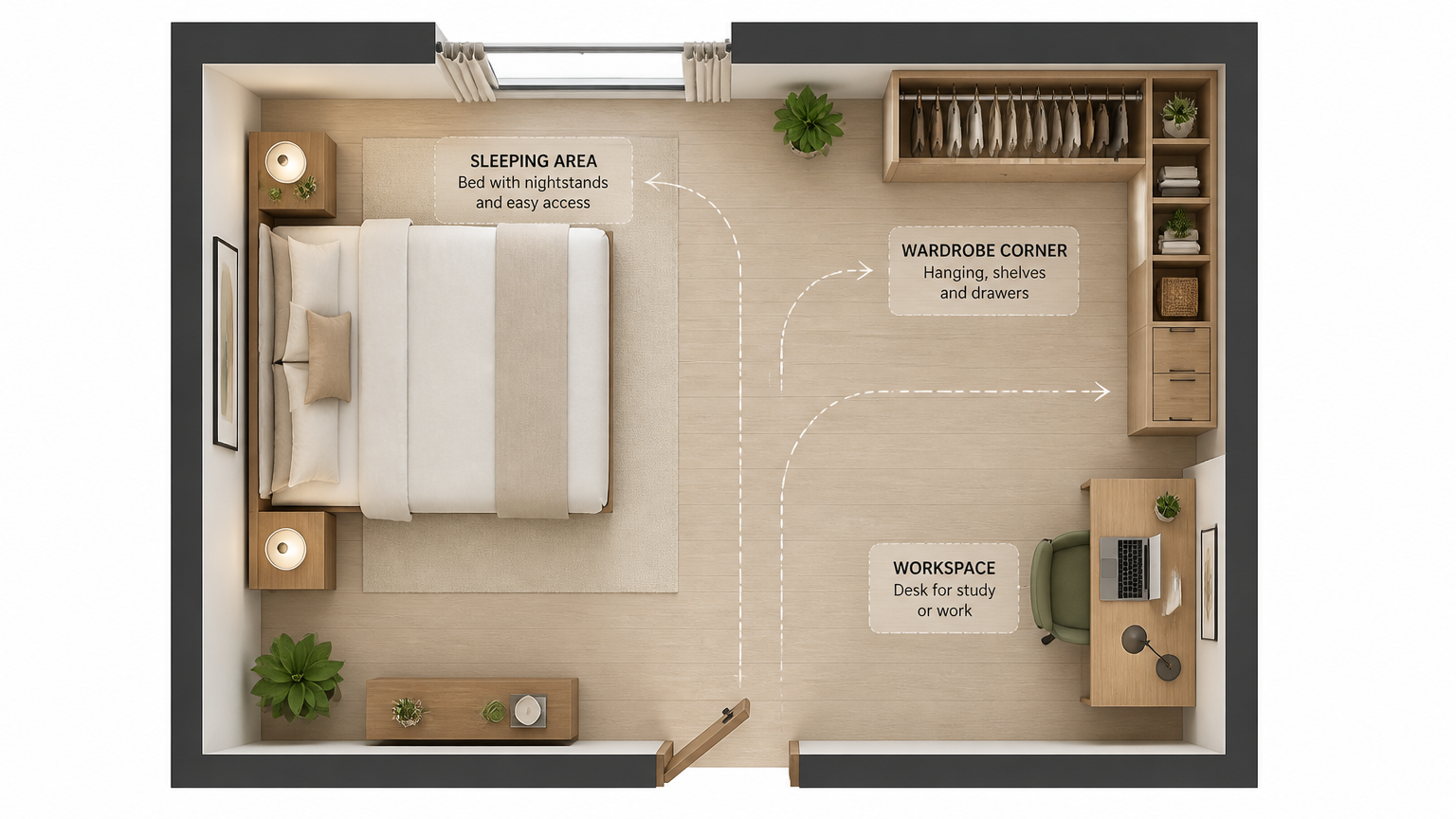 Denah kamar tidur dengan zona tempat tidur, lemari, meja kerja, dan jalur sirkulasi